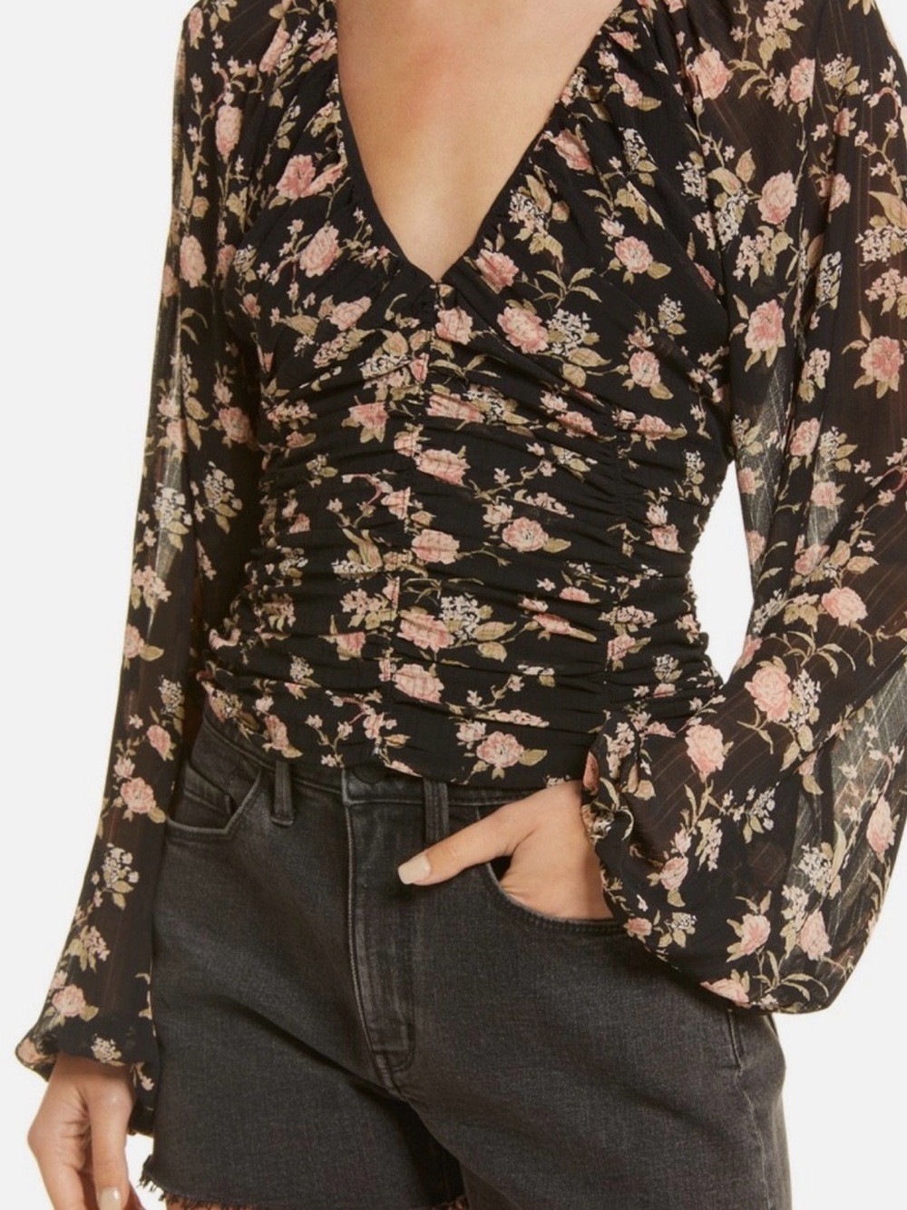 Free People "Final Rose" Ruched Floral Crop Blouse